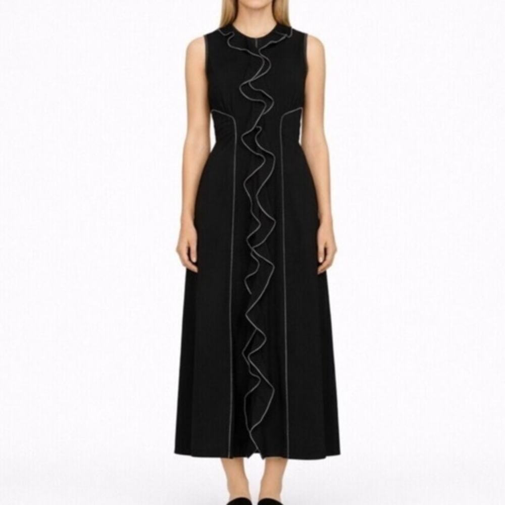 Ulla Johnson Lillie Ruffled Crepe Midi Dress Women’s Size 16 Black NWT Elegant